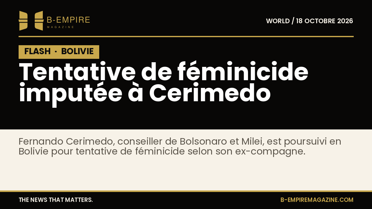 Visuel avec bloc noir et texte en lettres or indiquant une information urgente sur Fernando Cerimedo accusé en Bolivie