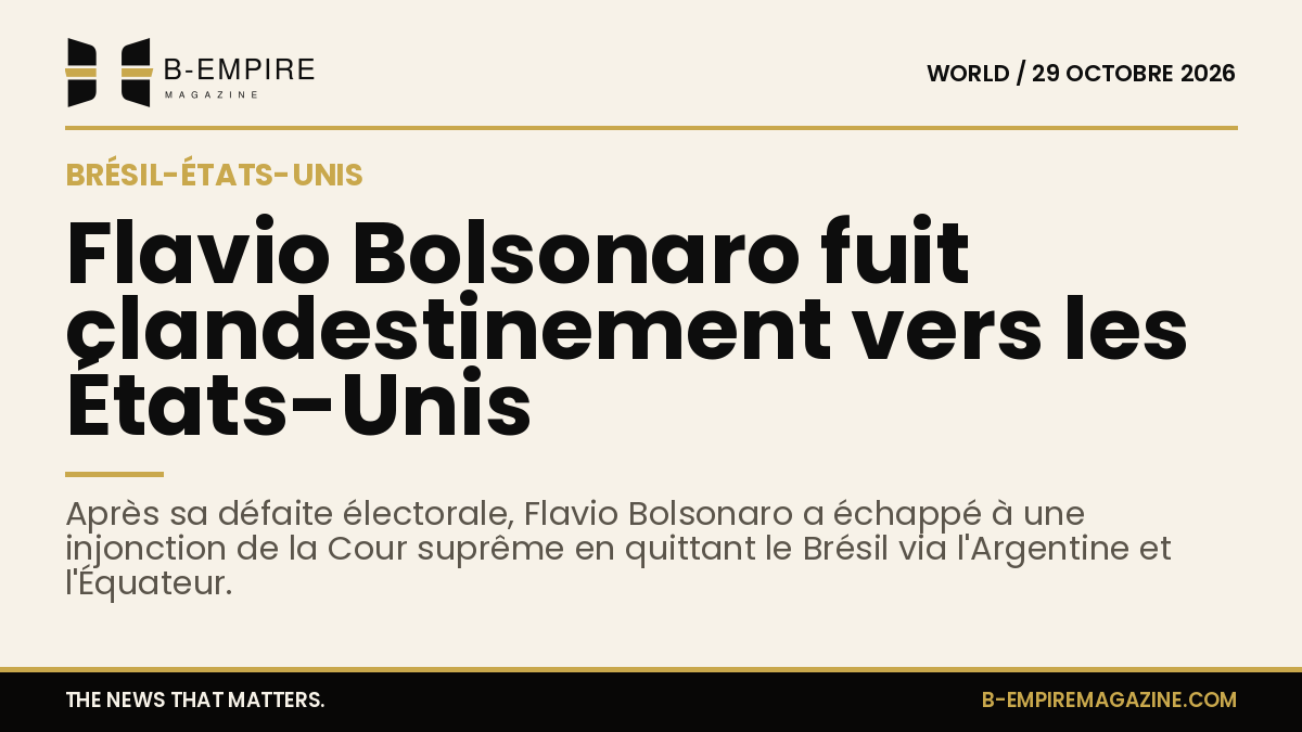 Titre sur fond papier avec texte en encre noire annonçant la fuite clandestine de Flavio Bolsonaro vers les États-Unis après sa défaite électorale