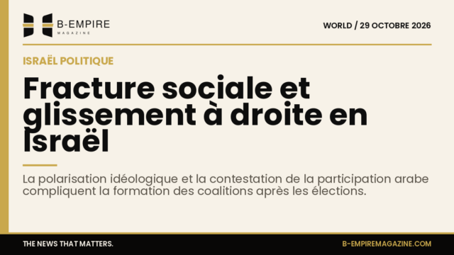 Illustration abstraite montrant une division nette entre deux groupes symbolisant la fracture sociale et politique en Israël avec des couleurs or et encre.