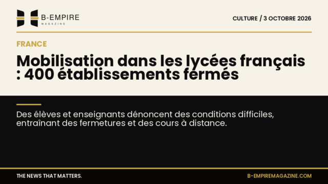 Photographie d’un lycée français avec des élèves devant l’entrée, symbolisant une mobilisation et une fermeture d’établissement.