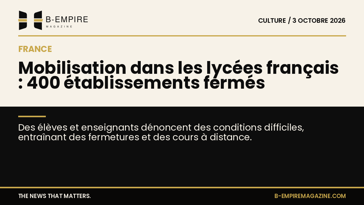 Photographie d’un lycée français avec des élèves devant l’entrée, symbolisant une mobilisation et une fermeture d’établissement.
