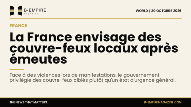 Vue stylisée d'une carte de France avec zones en alerte et texte sur les couvre-feux locaux envisagés