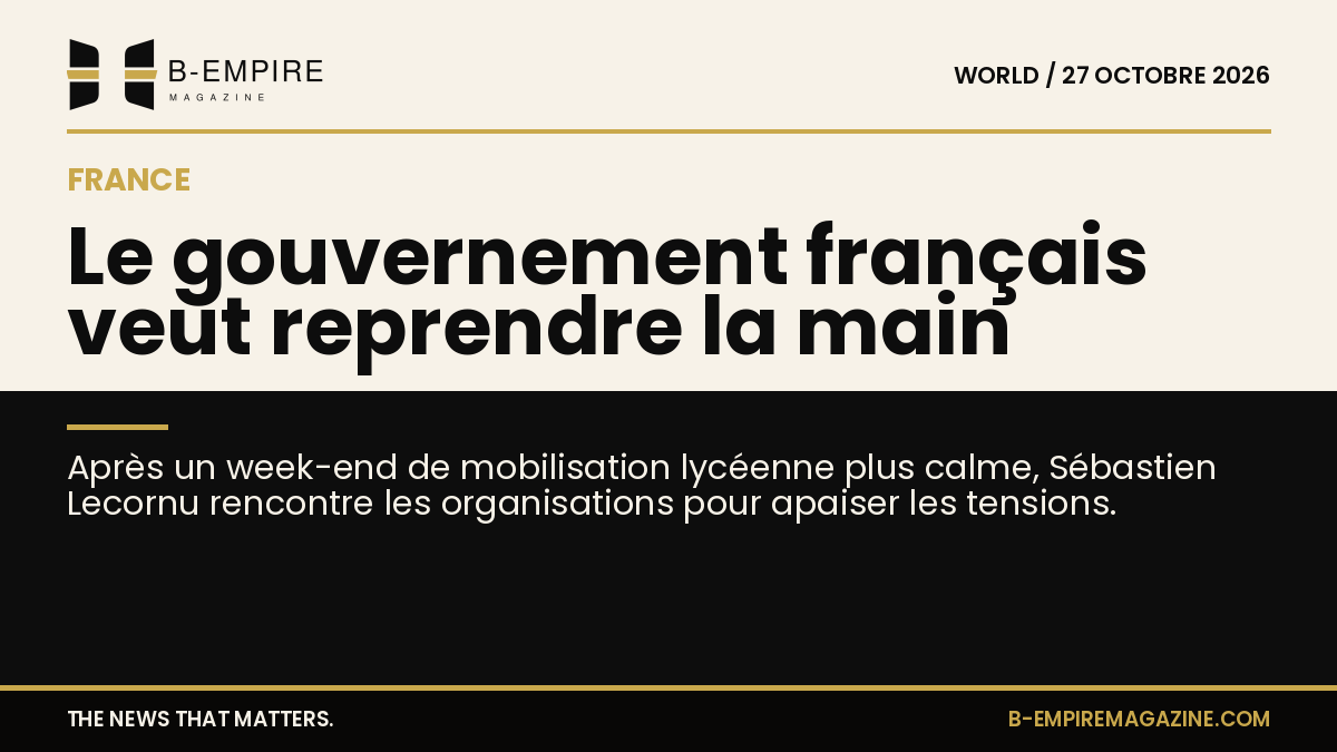 Visuel divisé en deux zones, une moitié papier claire avec le titre et l'autre moitié noire avec le sous-titre en or et blanc, reflétant l'équilibre entre calme et tension en France.