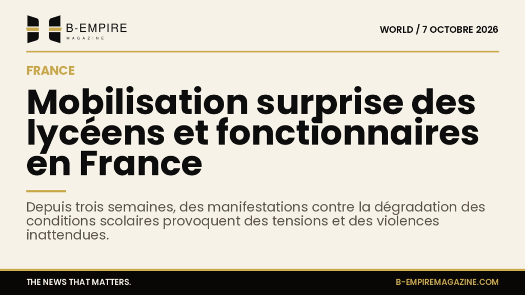 Manifestation de lycéens et fonctionnaires en France avec pancartes et présence policière en arrière-plan