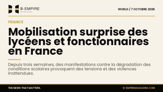 Manifestation de lycéens et fonctionnaires en France avec pancartes et présence policière en arrière-plan