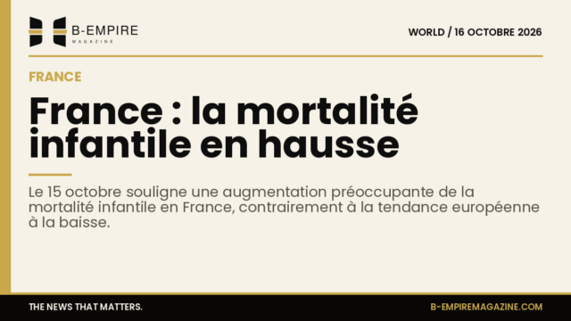 Visuel avec bande or en haut, titre encre noire sur fond papier indiquant la hausse de la mortalité infantile en France