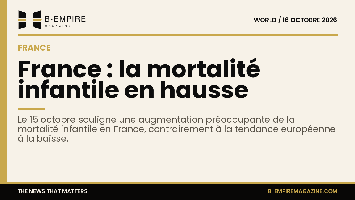 Visuel avec bande or en haut, titre encre noire sur fond papier indiquant la hausse de la mortalité infantile en France