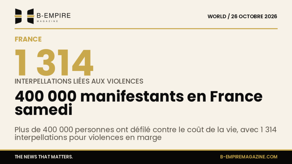 Affiche de la manifestation en France avec foule dense dans la rue et policiers