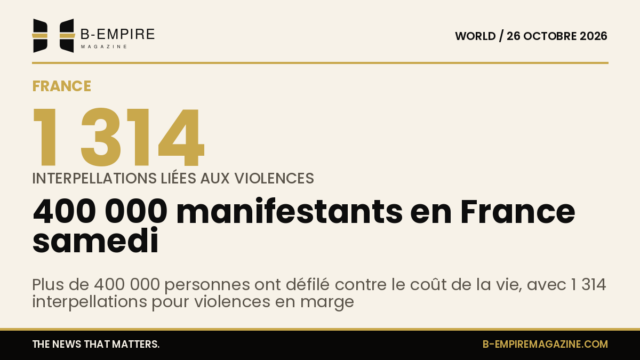 Affiche de la manifestation en France avec foule dense dans la rue et policiers