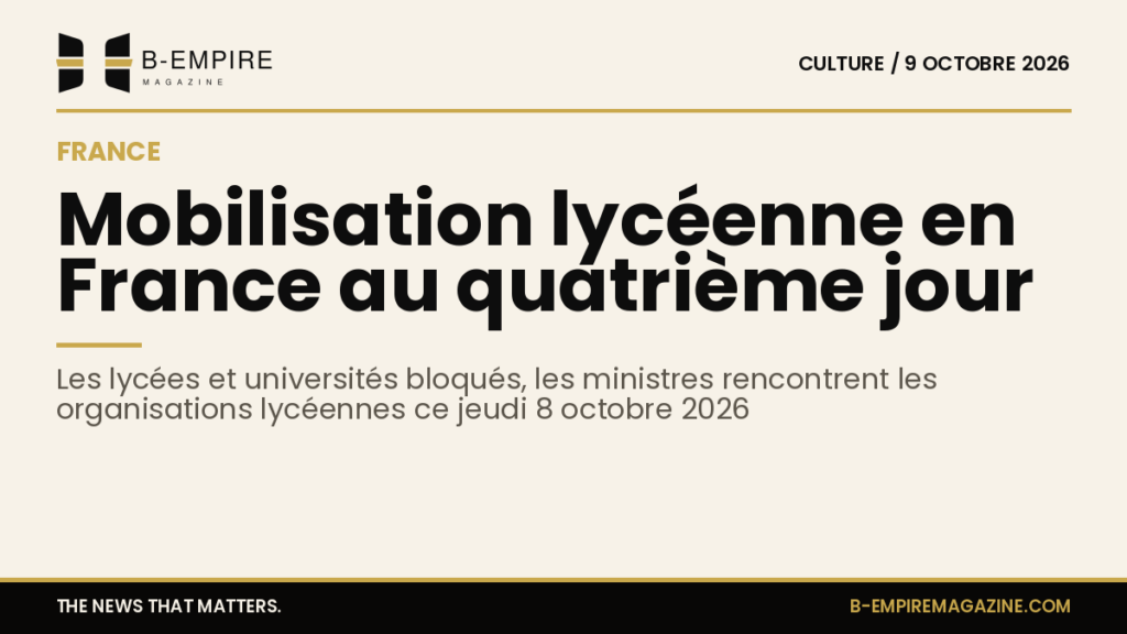 Visuel avec fond papier, grand titre en encre annonçant la mobilisation lycéenne en France, style sobre et épuré