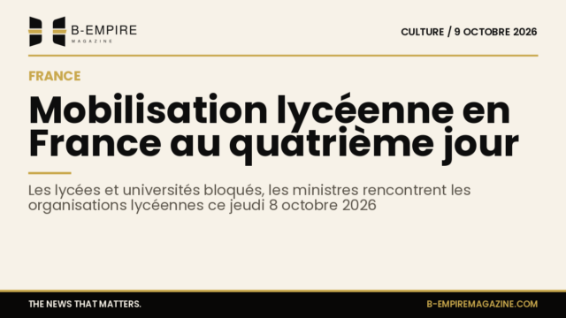 Visuel avec fond papier, grand titre en encre annonçant la mobilisation lycéenne en France, style sobre et épuré