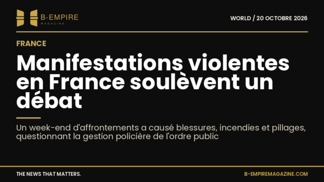 Photographie de policiers en tenue anti-émeute face à des manifestants lors d'une manifestation en France