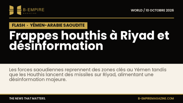 Image symbolique d'un missile intercepté au-dessus d'une zone urbaine avec un fond sombre et le mot FLASH en bloc noir
