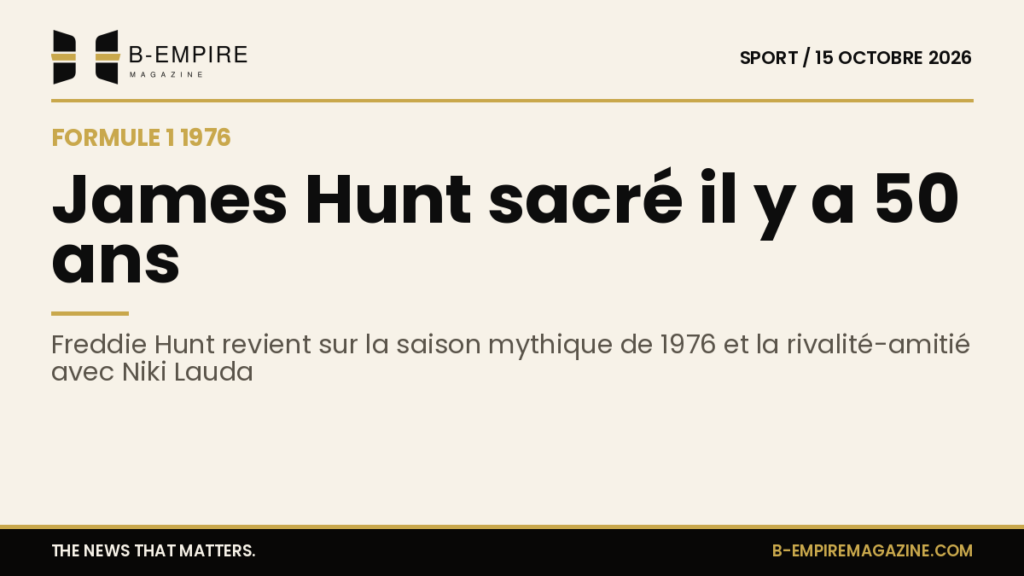 Portrait de James Hunt en combinaison de pilote de Formule 1, avec un drapeau à damier en arrière-plan.