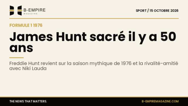 Portrait de James Hunt en combinaison de pilote de Formule 1, avec un drapeau à damier en arrière-plan.