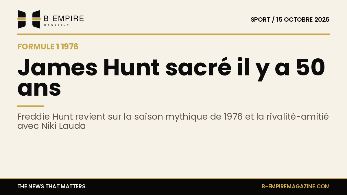 Portrait de James Hunt en combinaison de pilote de Formule 1, avec un drapeau à damier en arrière-plan.