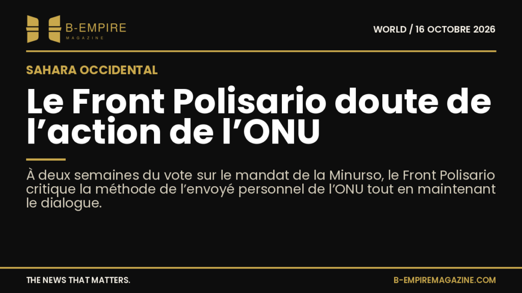 Texte sur fond noir avec le titre en blanc et or évoquant les doutes du Front Polisario sur l’action de l’ONU au Sahara occidental