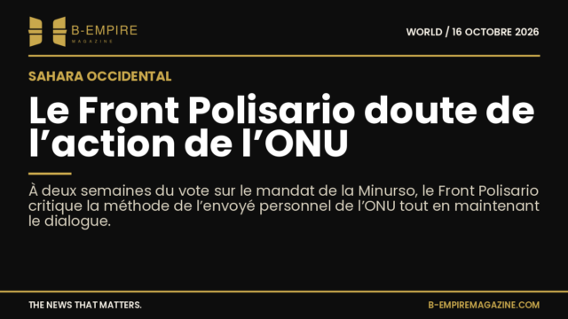 Texte sur fond noir avec le titre en blanc et or évoquant les doutes du Front Polisario sur l’action de l’ONU au Sahara occidental