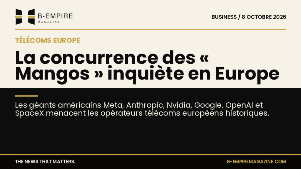 Illustration montrant des logos d'opérateurs télécoms européens et des géants américains de la tech sur fond divisé en papier et noir.