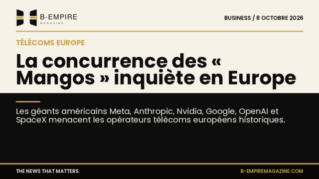 Illustration montrant des logos d'opérateurs télécoms européens et des géants américains de la tech sur fond divisé en papier et noir.