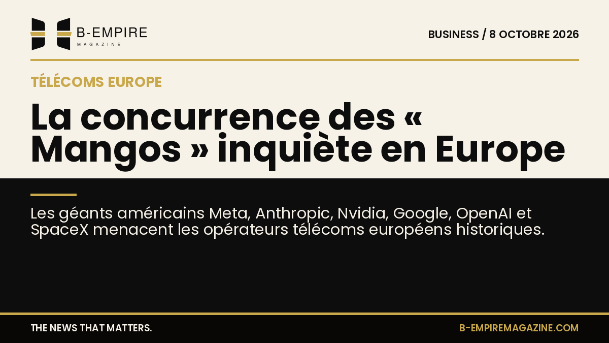 Illustration montrant des logos d'opérateurs télécoms européens et des géants américains de la tech sur fond divisé en papier et noir.