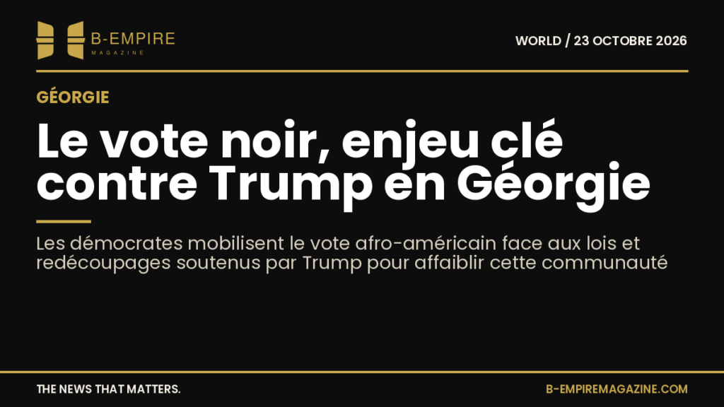 Texte en blanc et or sur fond noir avec un titre sur le vote noir en Géorgie contre les stratégies de Trump