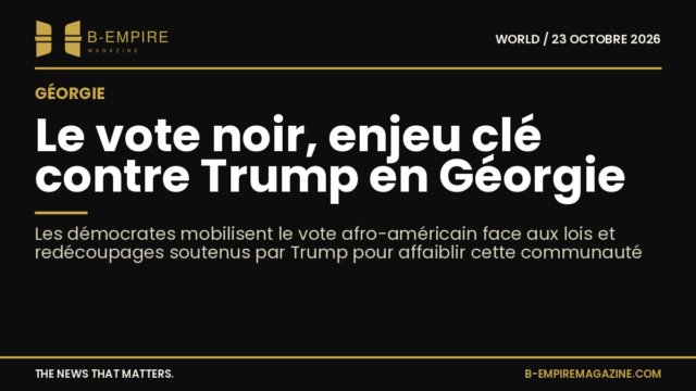 Texte en blanc et or sur fond noir avec un titre sur le vote noir en Géorgie contre les stratégies de Trump