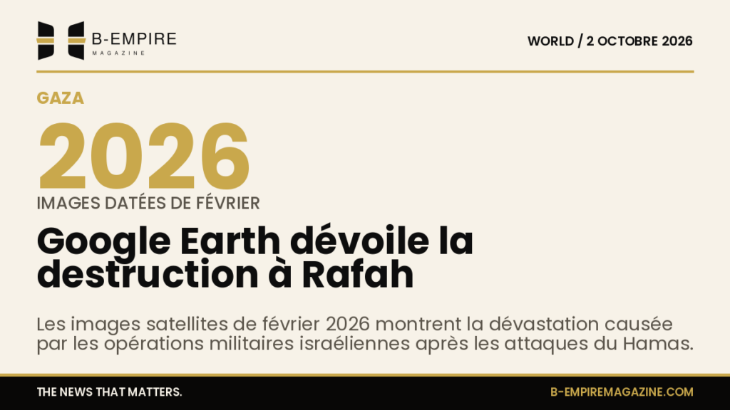 Image satellite montrant la zone de Rafah à Gaza avec des quartiers détruits visibles