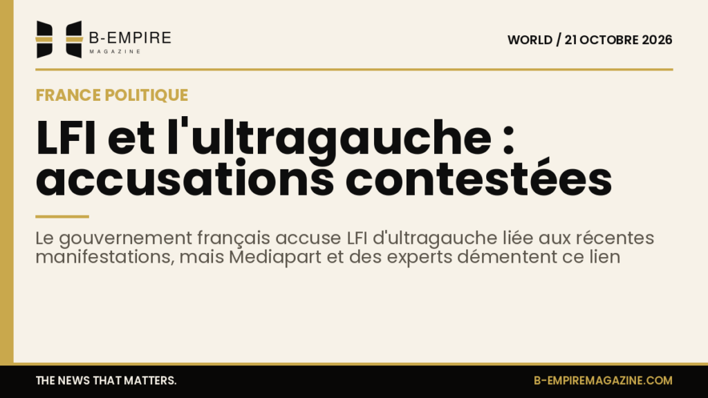 Visuel avec bande or et texte encre sur fond papier évoquant les accusations contre LFI en France