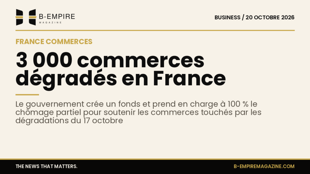 Illustration d'une vitrine de commerce dégradée avec un panneau annonçant un fonds de soutien gouvernemental