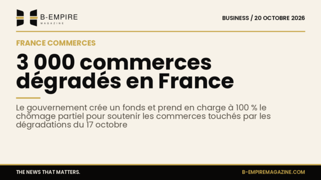 Illustration d'une vitrine de commerce dégradée avec un panneau annonçant un fonds de soutien gouvernemental