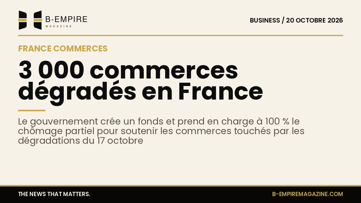 Illustration d'une vitrine de commerce dégradée avec un panneau annonçant un fonds de soutien gouvernemental