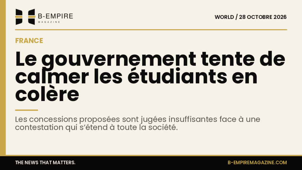Visuel avec une bande or en haut et un titre en encre sur fond papier évoquant la contestation étudiante en France
