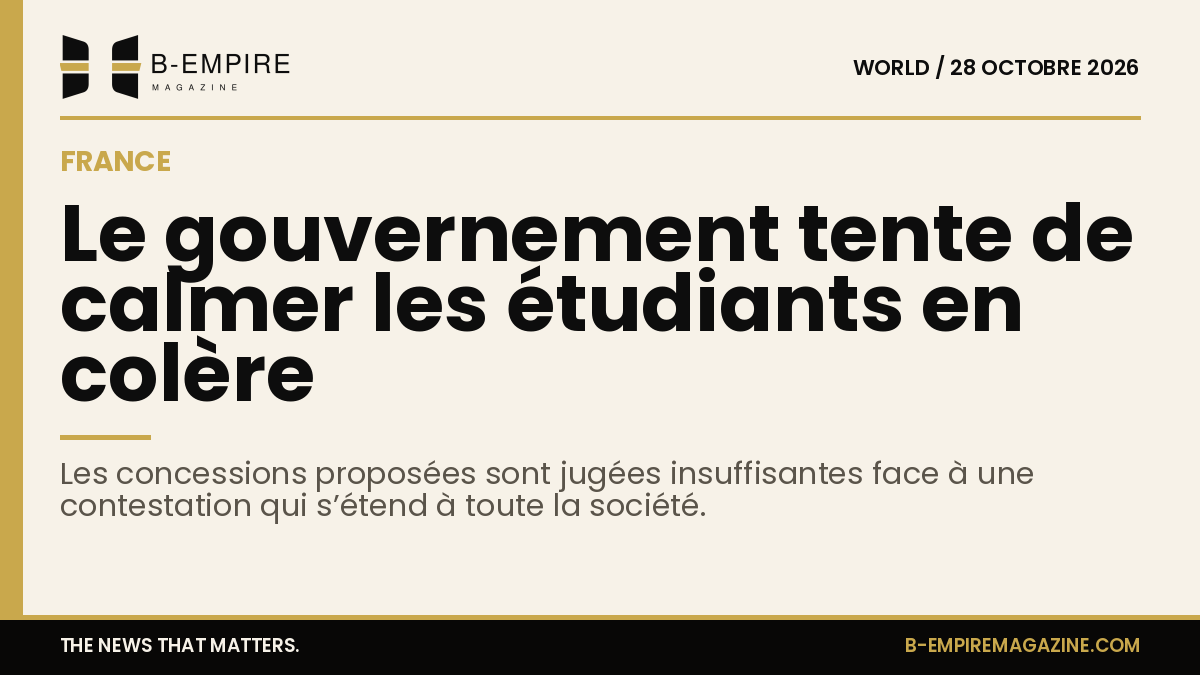 Visuel avec une bande or en haut et un titre en encre sur fond papier évoquant la contestation étudiante en France