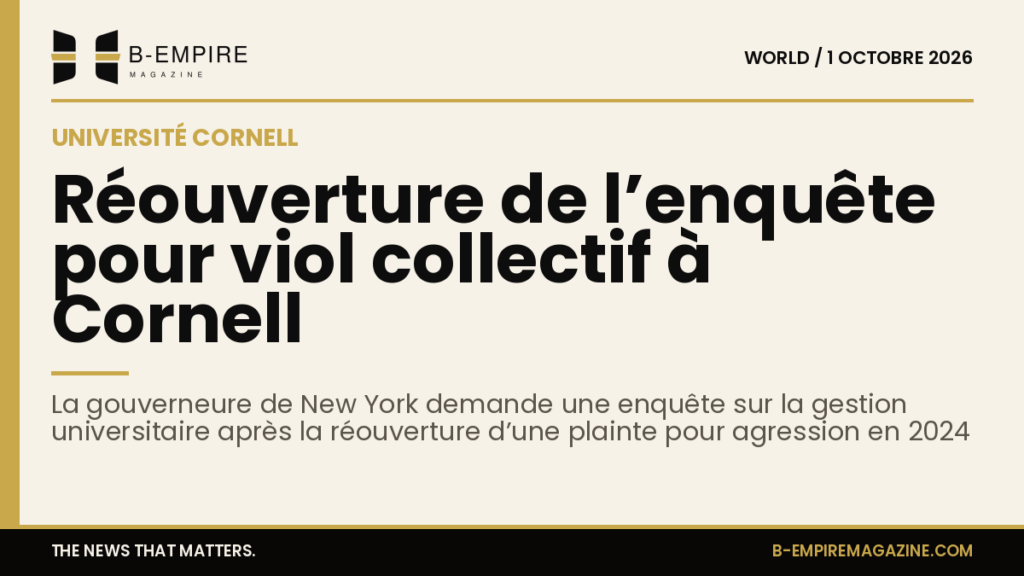 Texte sur fond papier avec une bande or en haut, titre en encre évoquant la réouverture d'enquête à l'université Cornell