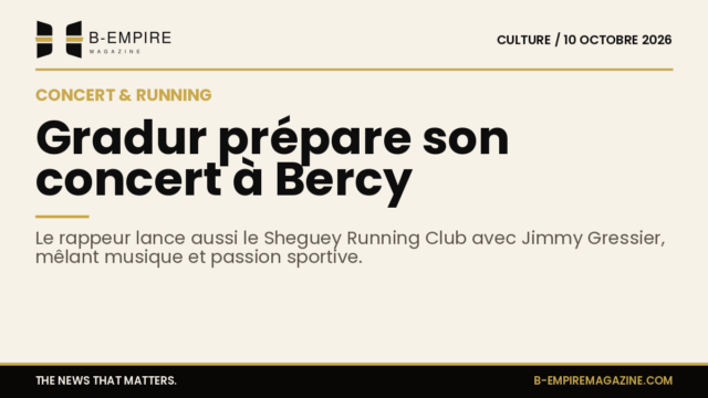 Affiche stylisée avec le chiffre 13 en grand, évoquant les 13 ans de carrière de Gradur, avec un micro et des silhouettes de coureurs en arrière-plan.