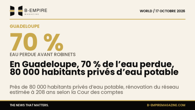Infographie avec le chiffre 70 % en grand, représentant la perte d'eau sur le réseau guadeloupéen, fond papier couleur écrue avec texte en encre et or.