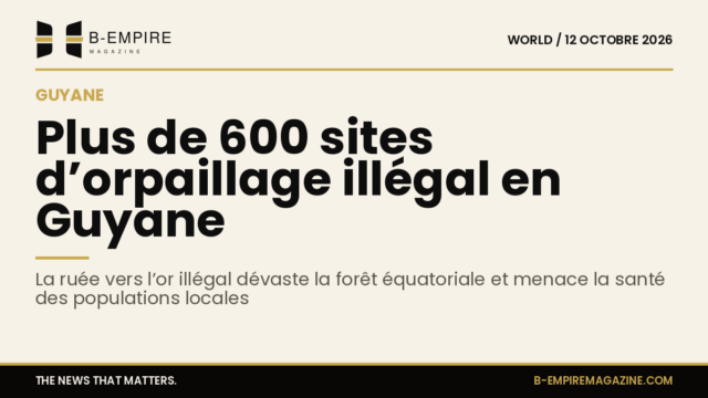 Carte stylisée de la Guyane avec indication de la forêt équatoriale et mention des 600 sites d’orpaillage illégal