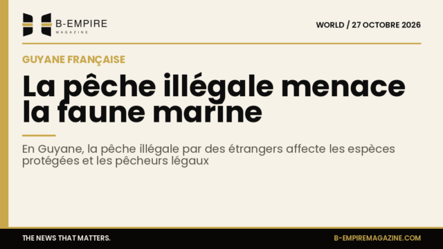 Carte stylisée de la Guyane française avec une illustration de poissons et filets de pêche pour illustrer la menace de la pêche illégale