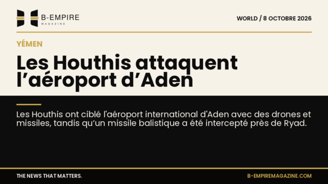 Illustration stylisée de l'aéroport d'Aden avec une zone sombre évoquant une attaque par drones et missiles