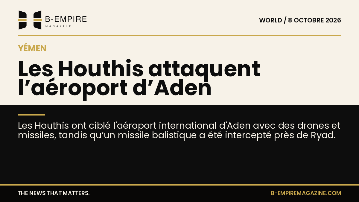 Illustration stylisée de l'aéroport d'Aden avec une zone sombre évoquant une attaque par drones et missiles