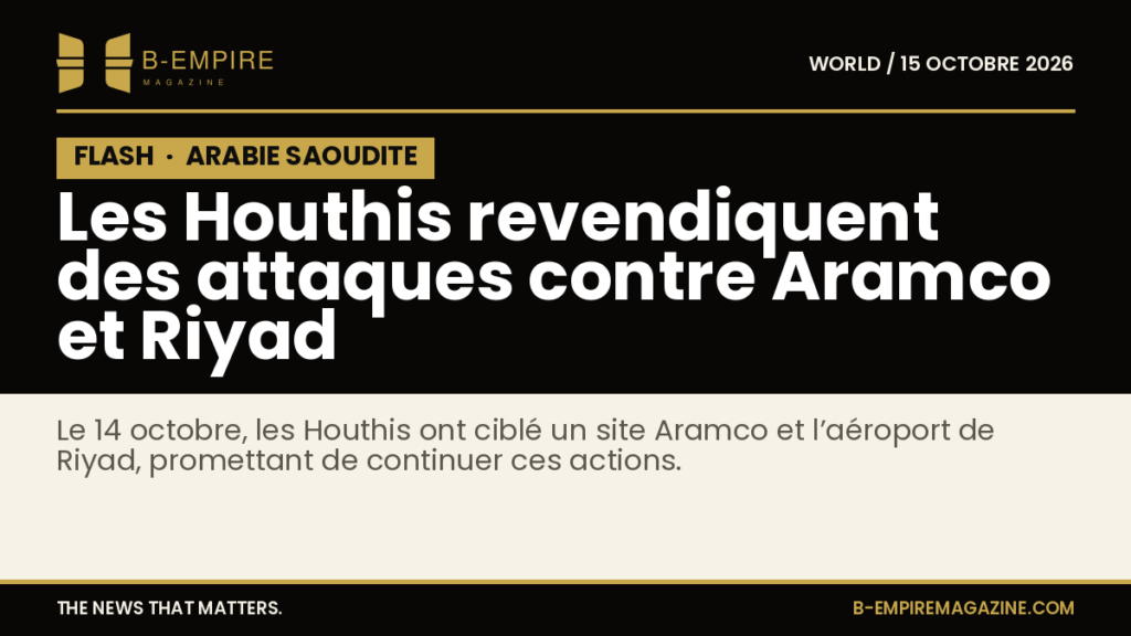 Illustration sombre avec le mot FLASH en blanc sur fond noir, signalant une information urgente sur des attaques en Arabie Saoudite.