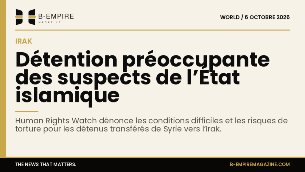 Visuel avec bande or et titre en encre sur fond papier évoquant la détention en Irak des suspects de l’État islamique selon Human Rights Watch.