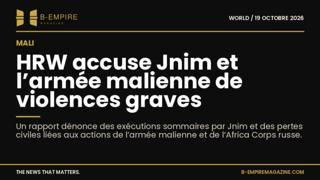 Photo sombre avec texte en blanc et or sur fond noir évoquant les accusations de HRW contre Jnim et l’armée malienne au Mali
