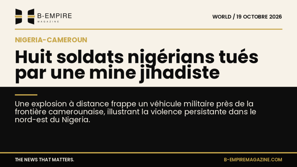 Carte stylisée divisée en deux zones papier et noir avec le titre sur la frontière Nigeria-Cameroun.