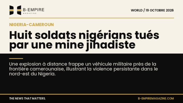 Carte stylisée divisée en deux zones papier et noir avec le titre sur la frontière Nigeria-Cameroun.