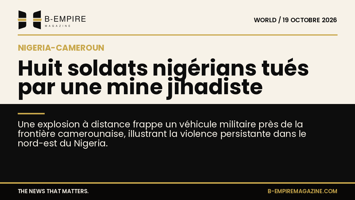 Carte stylisée divisée en deux zones papier et noir avec le titre sur la frontière Nigeria-Cameroun.