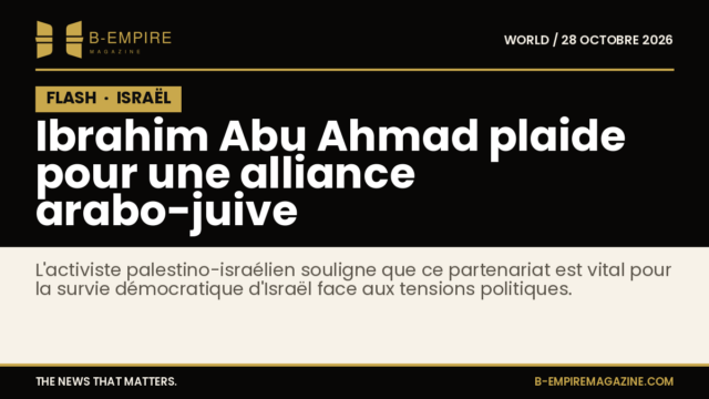 Portrait d'Ibrahim Abu Ahmad, activiste palestino-israélien, sur fond sombre avec texte de son appel à une alliance arabo-juive en Israël.