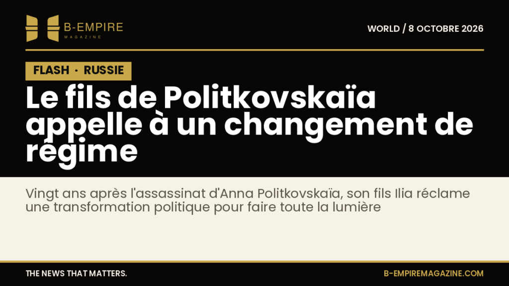 Portrait sobre d'Anna Politkovskaïa en noir et blanc avec un bandeau noir « FLASH »