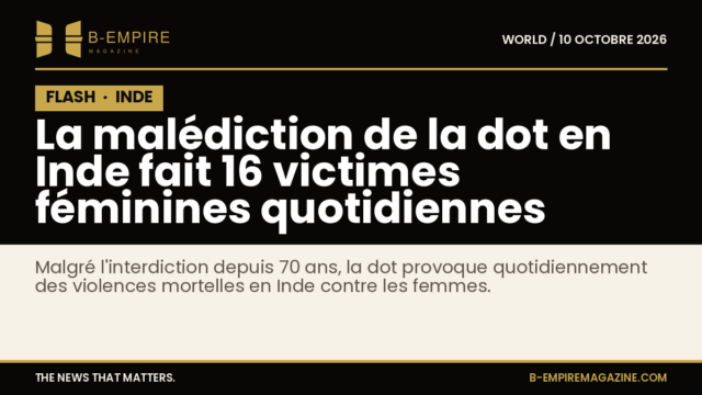 Texte sur fond noir avec bloc FLASH en haut à gauche, titre blanc et or sur la malédiction de la dot en Inde.